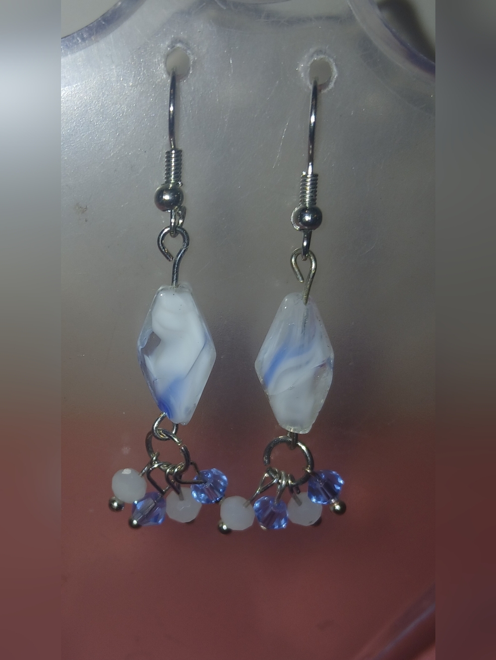 Hand Crafted White & Blue Glass Dangle Earrings